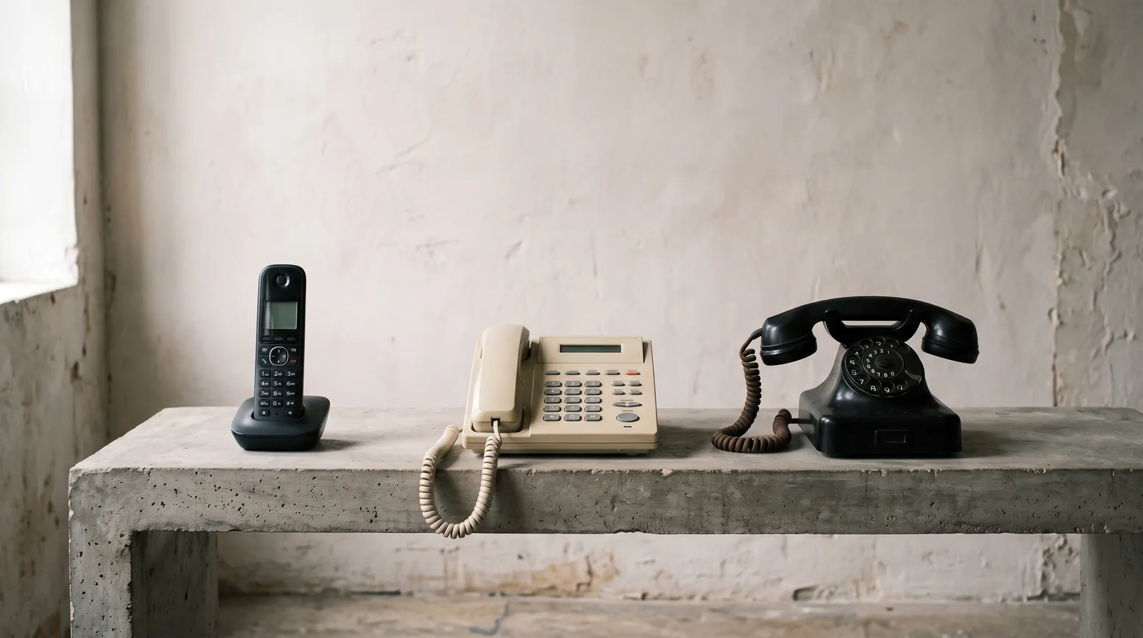 Three desk telephones from different eras lined up in a row on a concrete shelf against a bare plaster wall: a modern cordless handset, a nineties office phone and a heavy rotary dial phone.