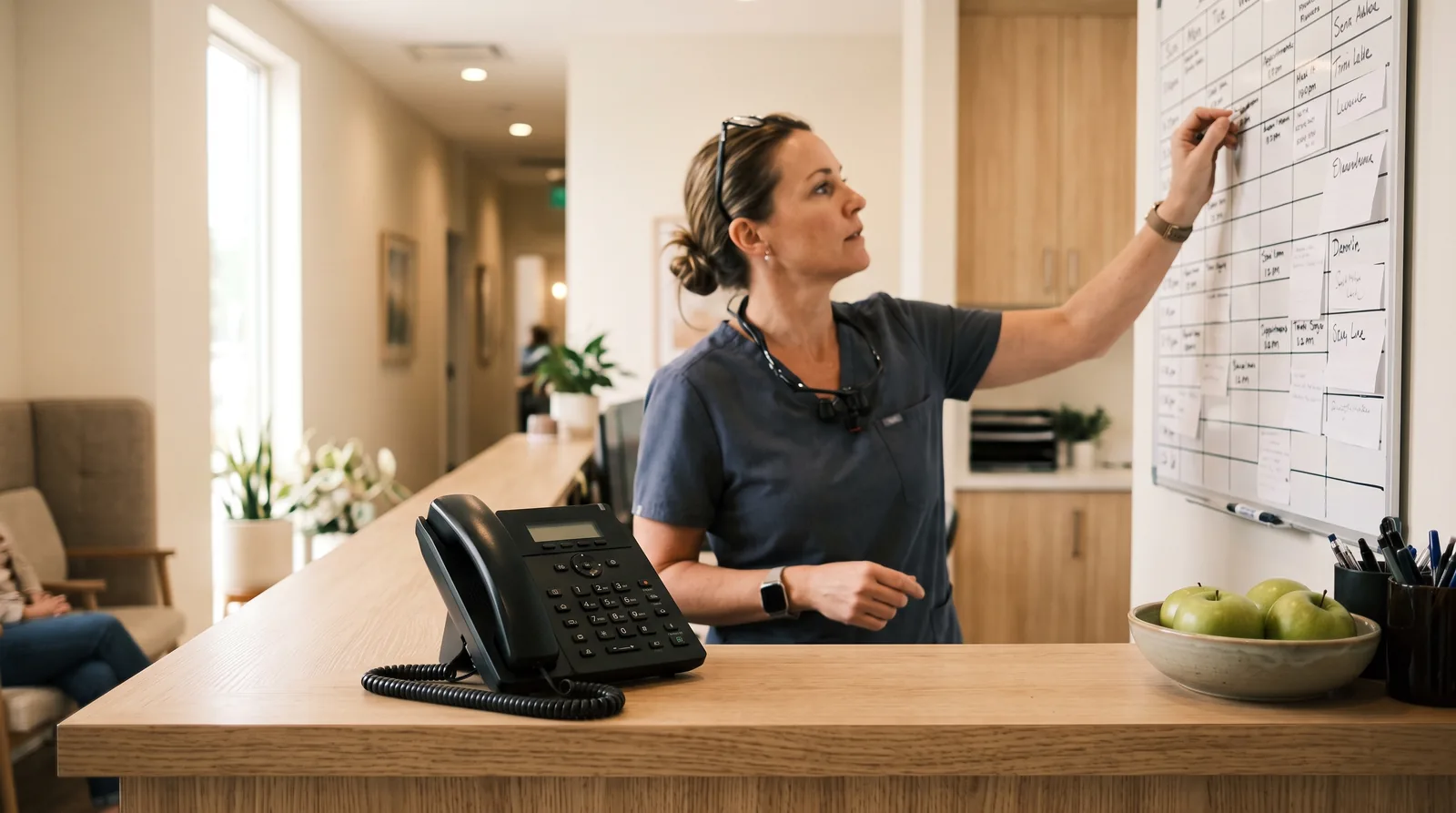 A desk phone in sharp focus on a dental practice front desk, with the administrator out of focus behind it, reaching toward a wall schedule