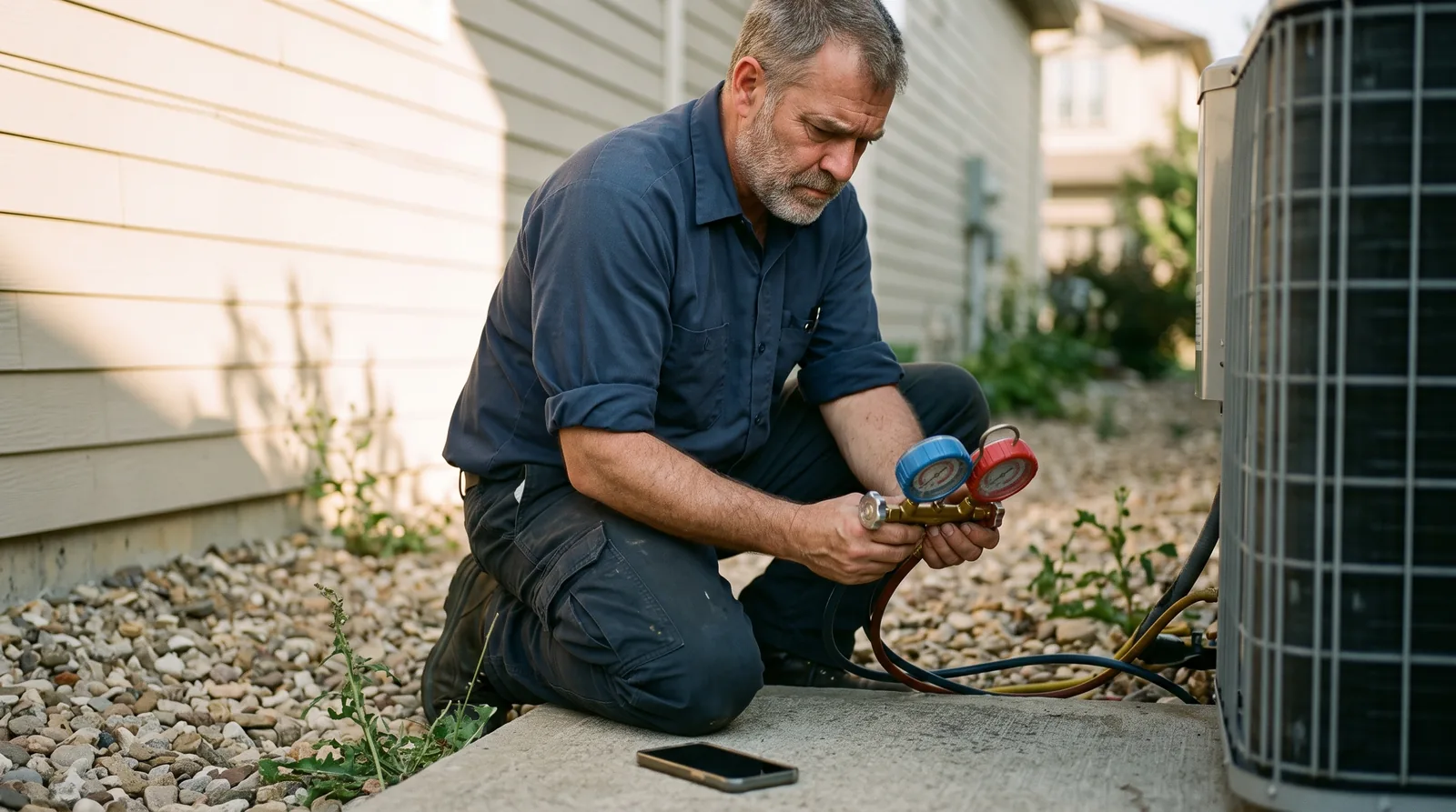 An HVAC technician kneels beside an outdoor condenser unit with a set of gauges in hand. A phone lies face-down on the concrete pad beside them. Suburban side yard, late afternoon, long shadows.