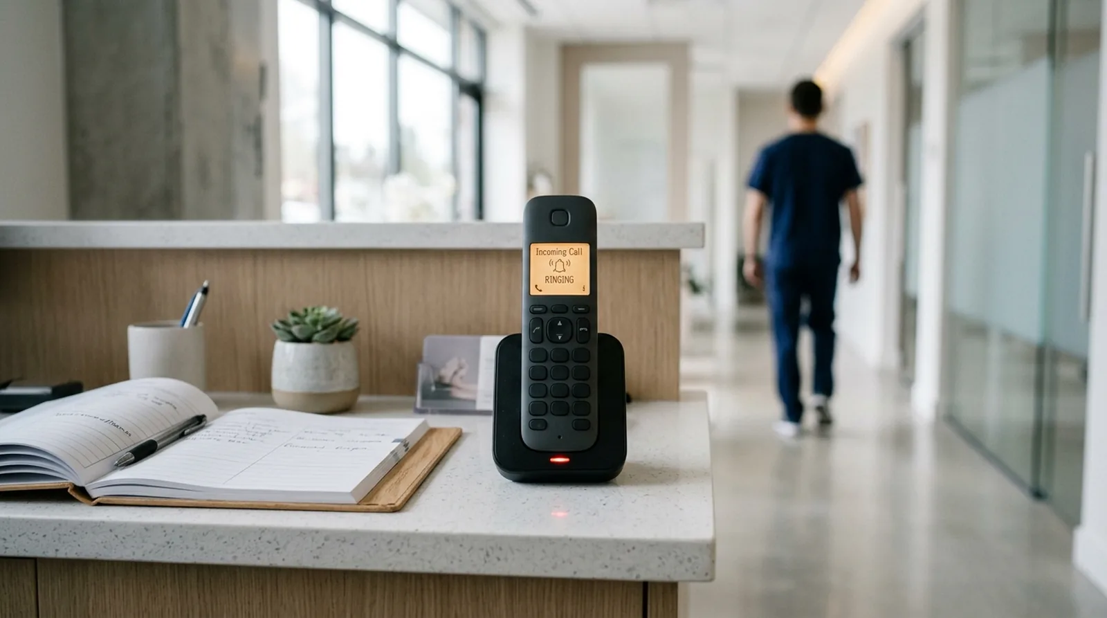 A cordless desk phone ringing unanswered on a med spa reception counter, its screen reading Incoming Call and a red indicator lit on the dock, while a clinician walks away down the corridor out of focus behind it.