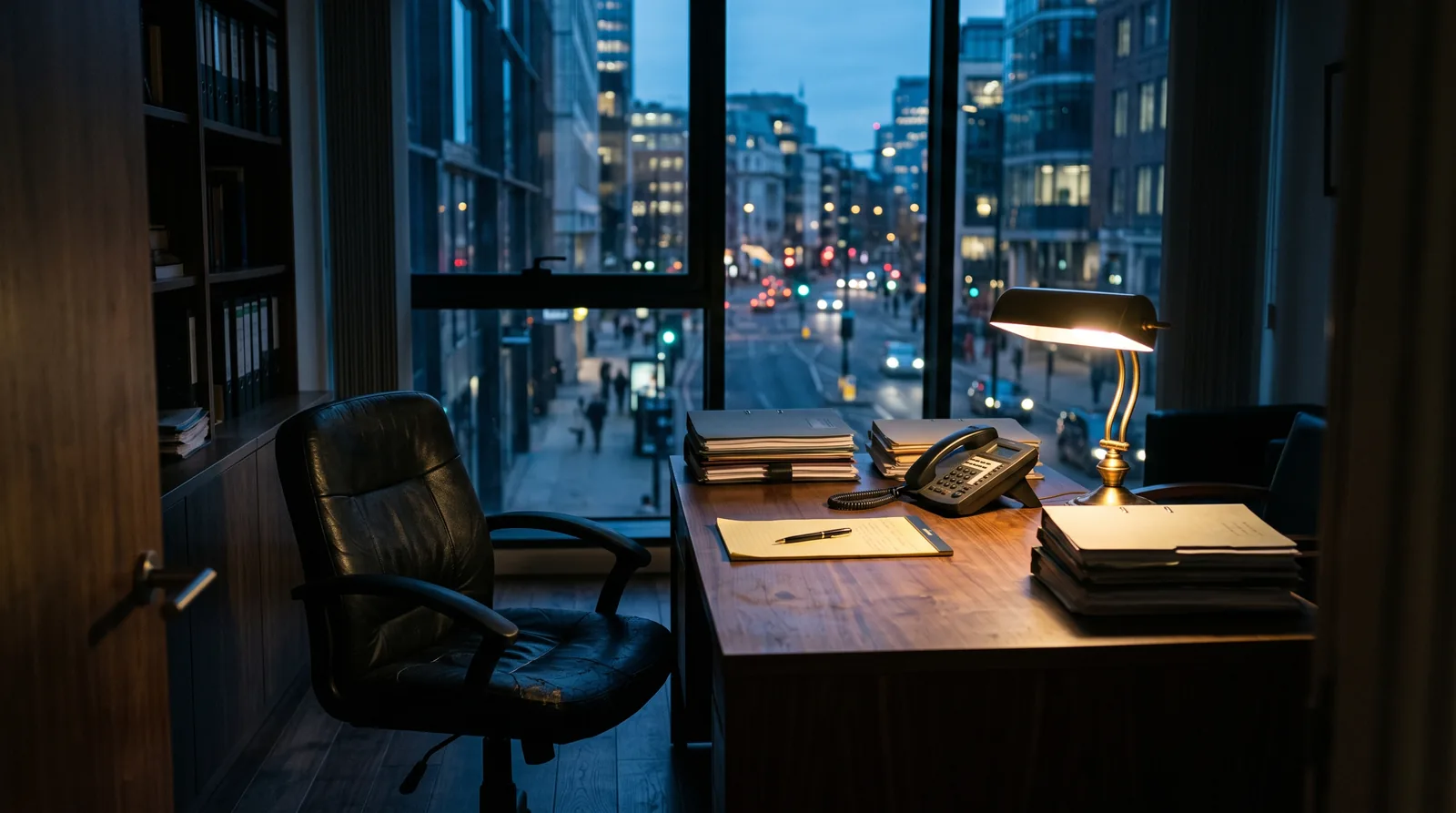An empty law office at dusk. A chair is pushed back from a walnut desk stacked with closed case files, a desk phone sits with its handset in the cradle, and a single lit desk lamp glows against blue evening light from the window.