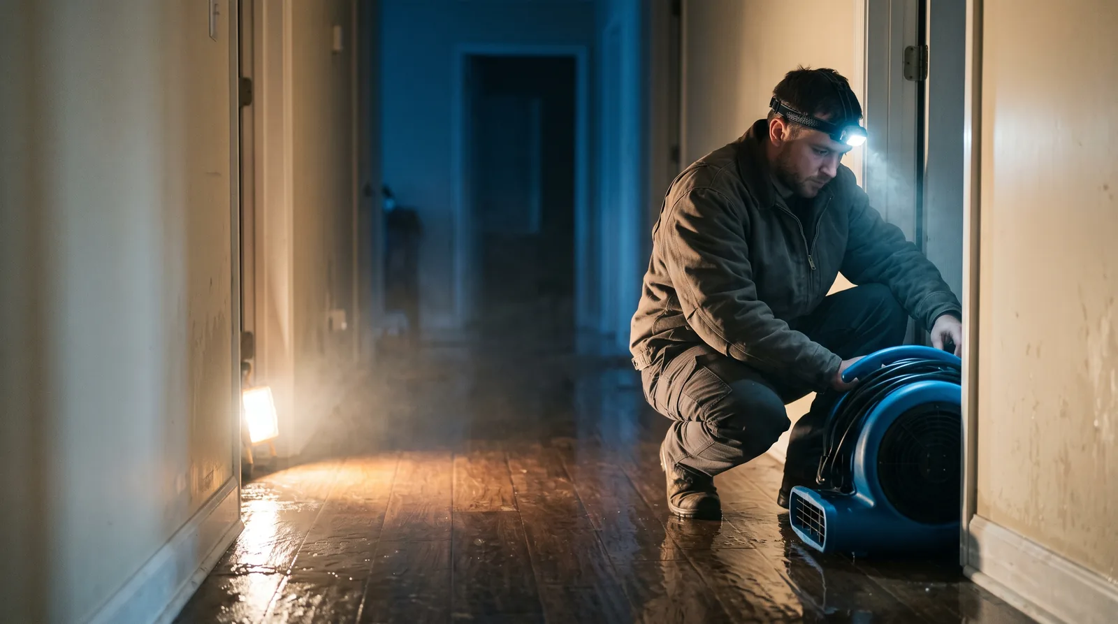 A restoration technician wearing a headlamp crouches beside a blue air mover in the doorway of a flooded home hallway at night, with water standing on the floorboards and a single work light behind them.