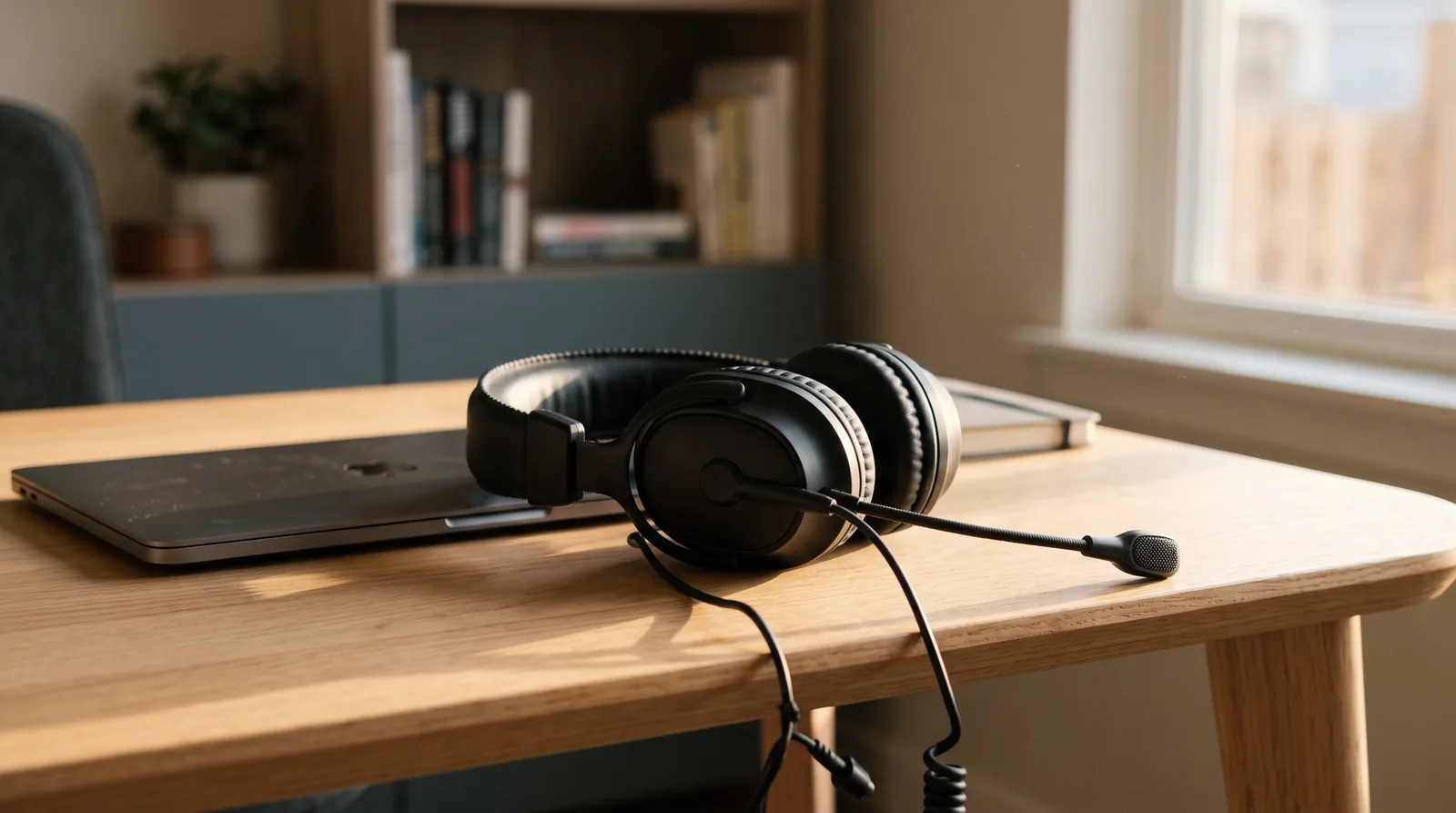 A matte black over-ear headset with a boom microphone resting on a pale oak desk beside a closed laptop, its cable trailing over the edge of the desk, in a quiet home office lit by low morning sun.