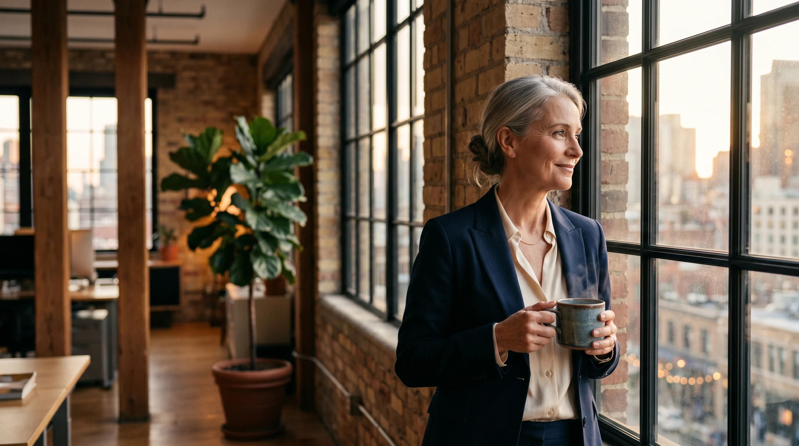 A senior leader at a tall industrial window, holding a coffee, watching the late afternoon light — the operation runs without her grinding through it