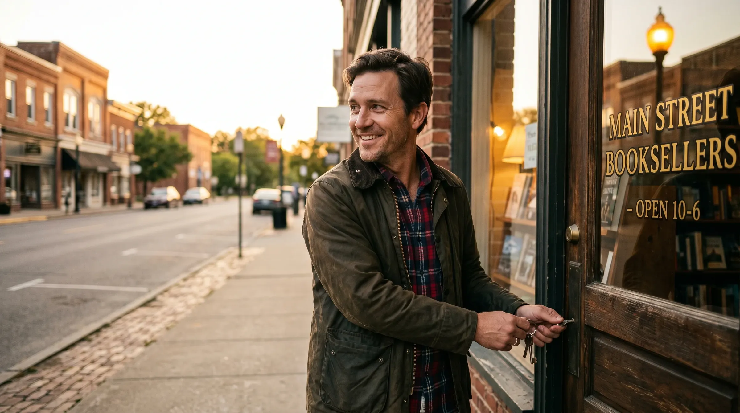 A small-business owner locking up his storefront at golden hour and walking home