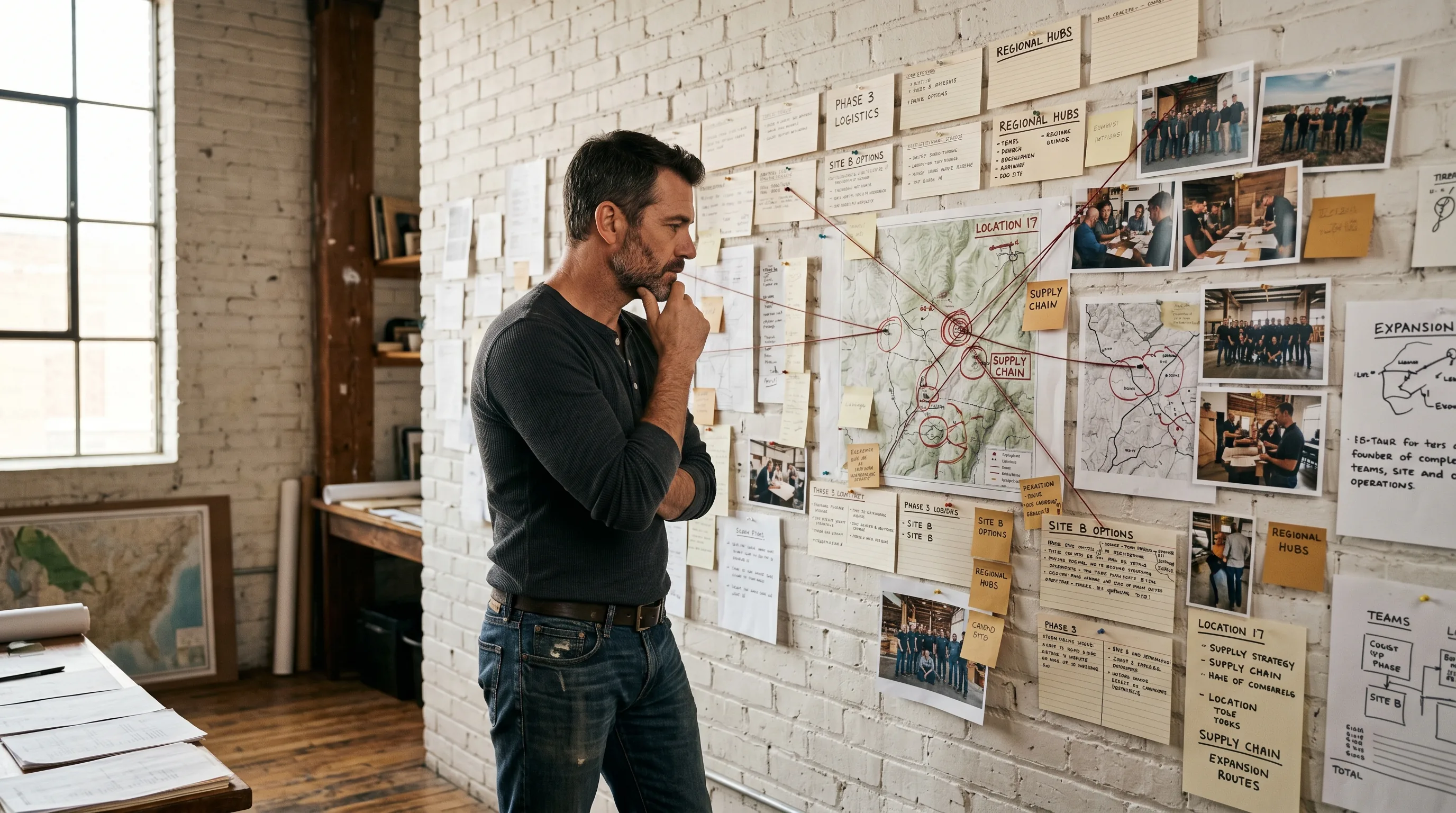 A founder studying a wall covered in handwritten notes and printed maps