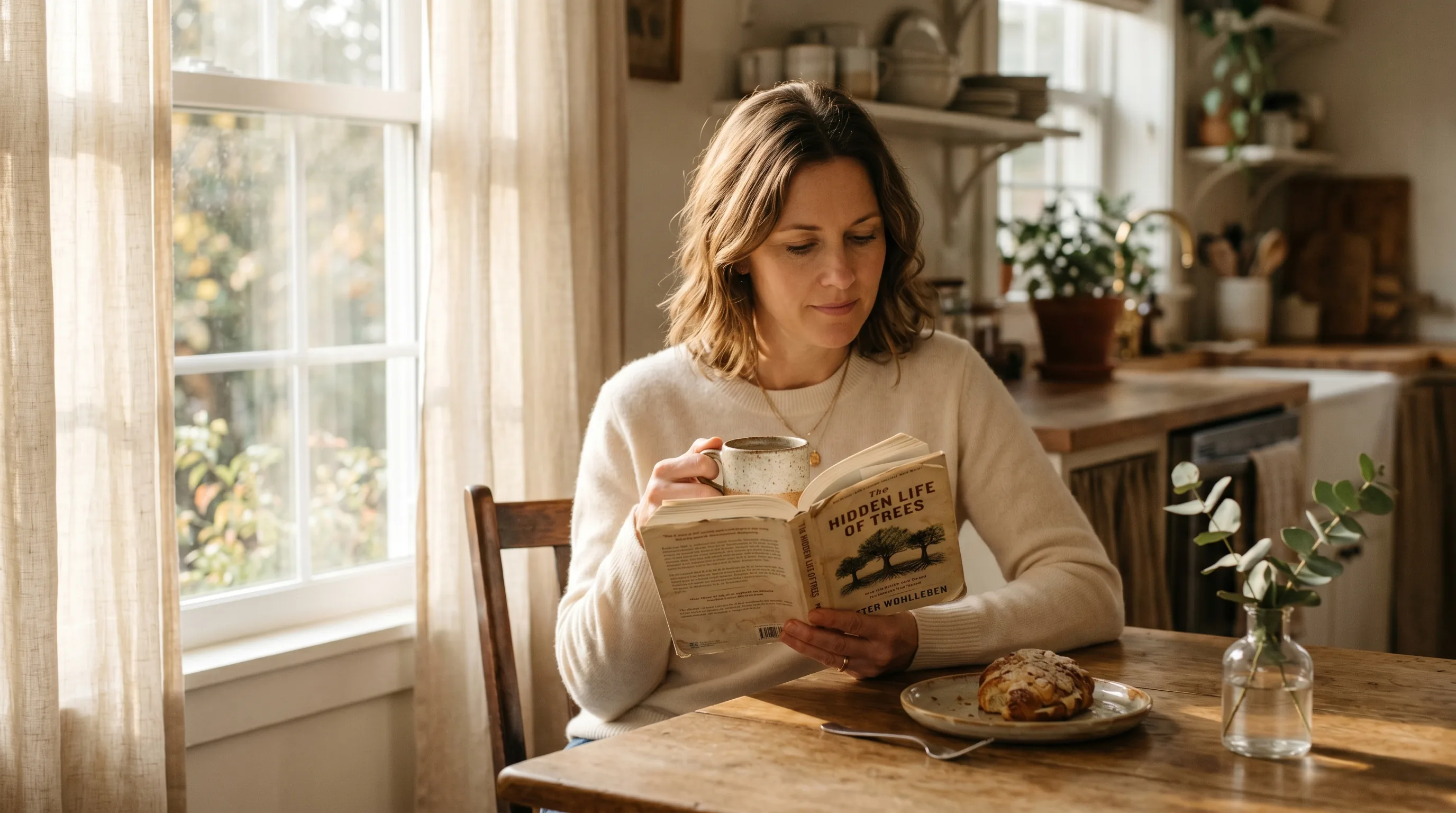 A solo business owner at her kitchen table reading a book with morning coffee