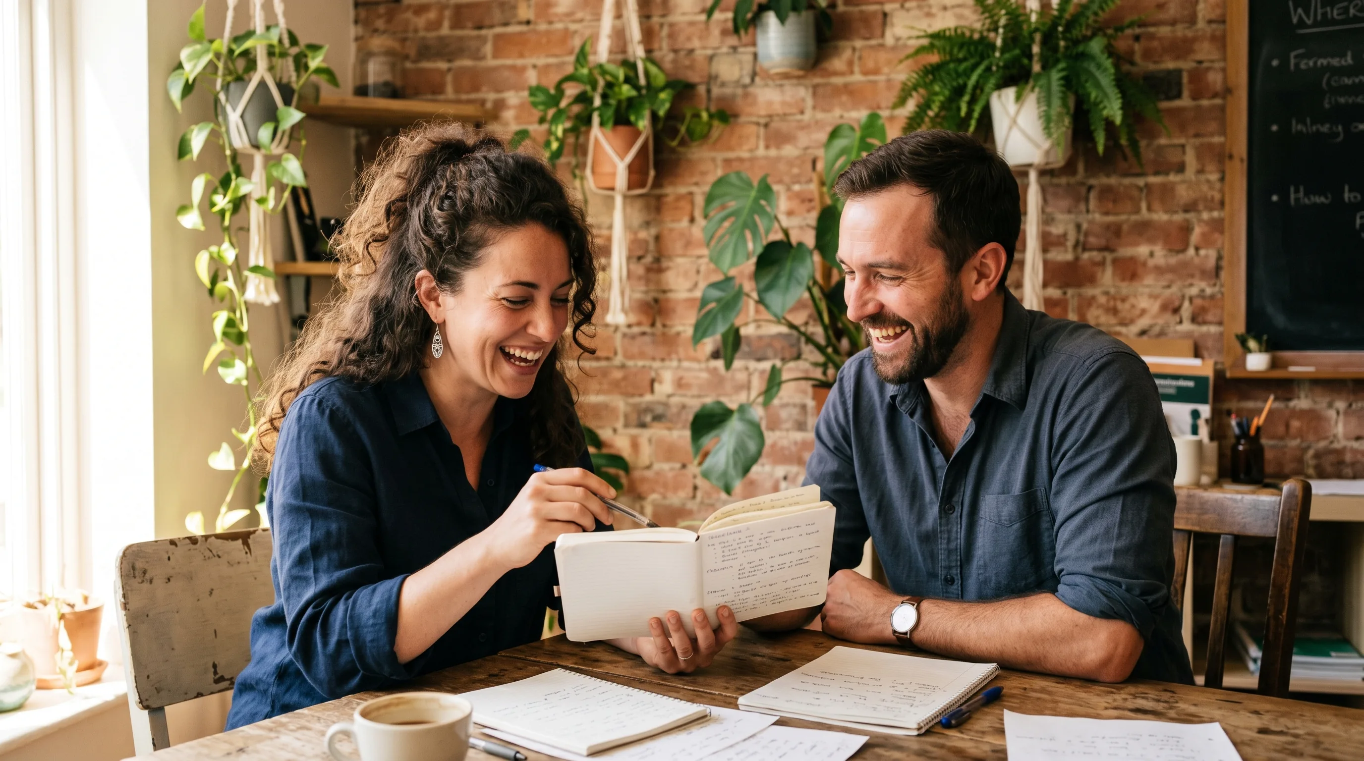 Two business partners mid-conversation over a notebook, both laughing